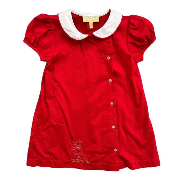 Pixie Lily Corduroy Dress Girls Red Dog Embroidered Button Up Puff Sleeve Size 4 - Picture 1 of 9